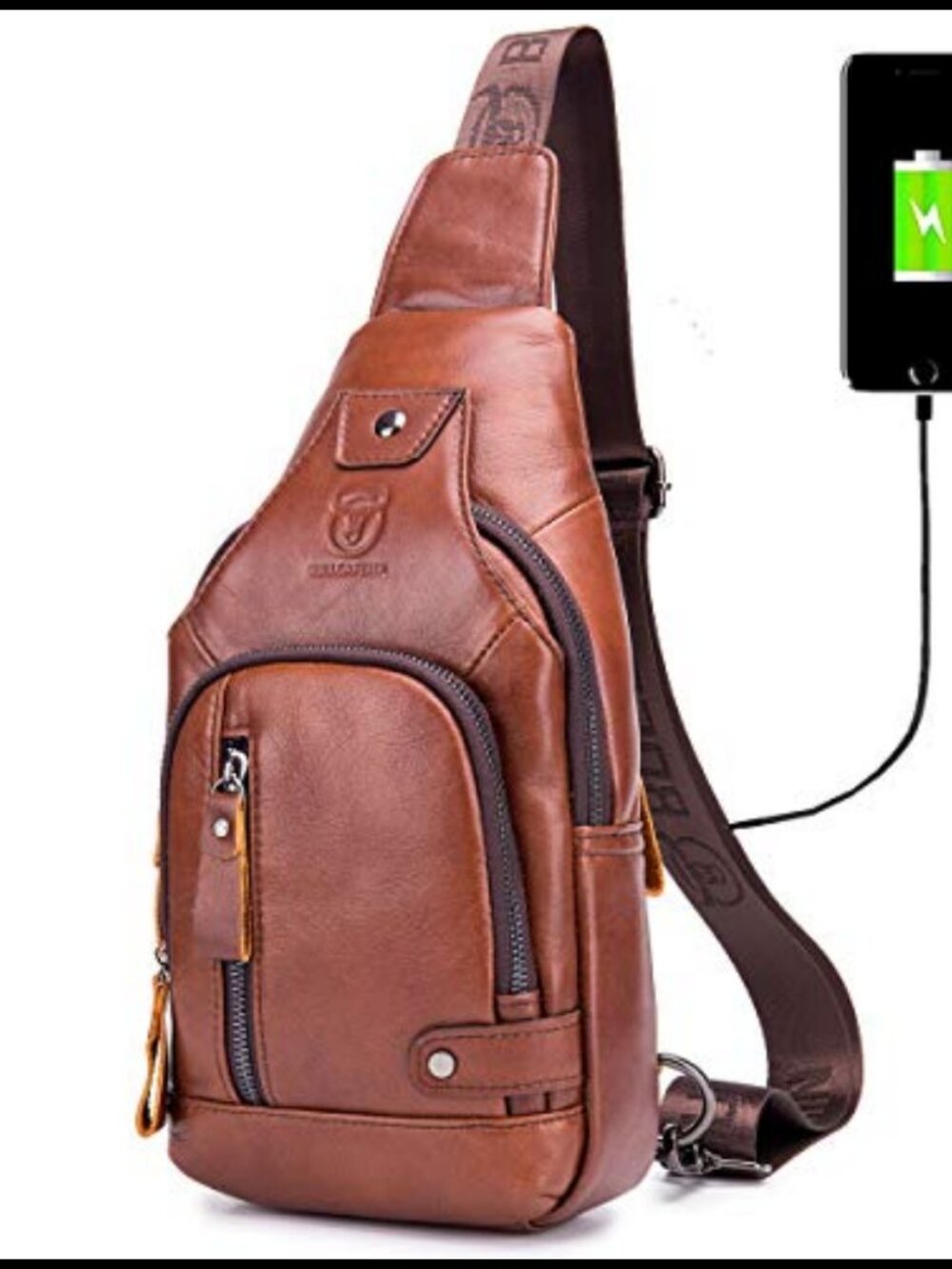 Genuine Leather Sling Bag USB Charging Port Adjustable Strap Water Resistant